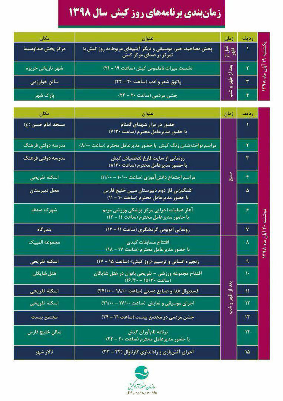 اعلام برنامه های روز کیش