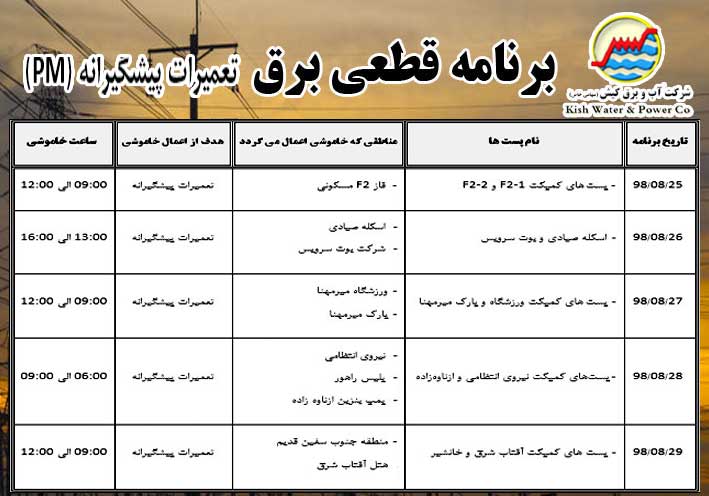 اطلاعیه قطعی برق در برخی مناطق جزیره کیش