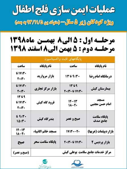 طرح واکسیناسیون فلج اطفال در کیش زمستان 98
