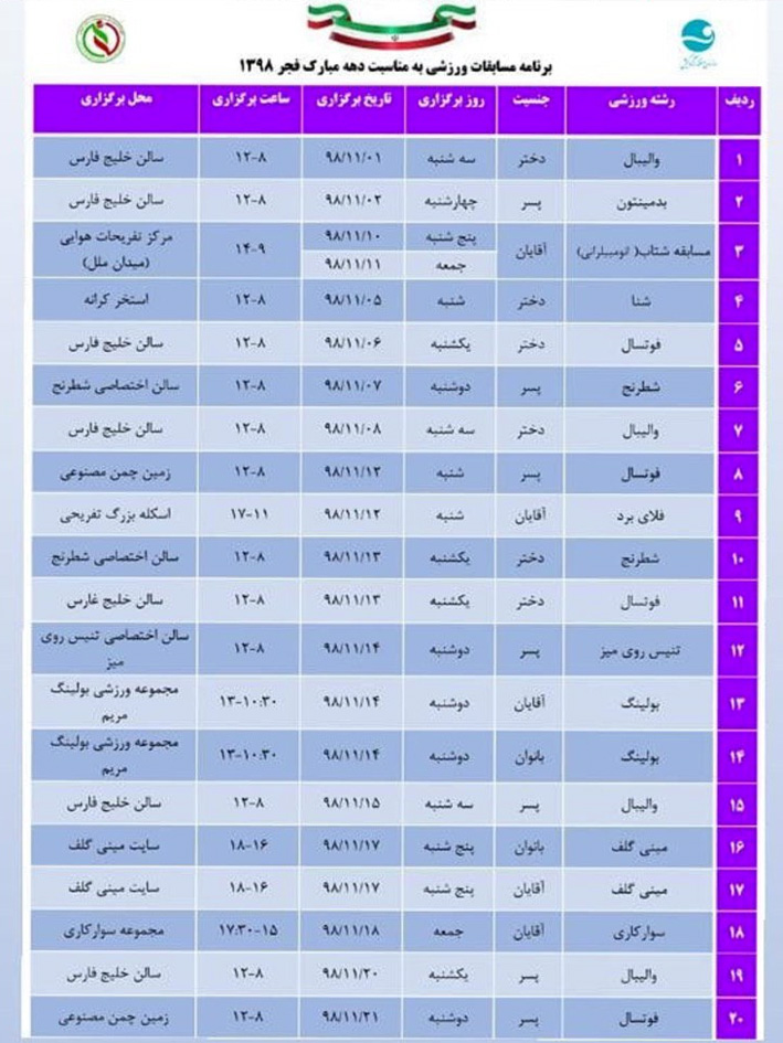 برنامه مسابقات ورزشی دهه فجر در کیش