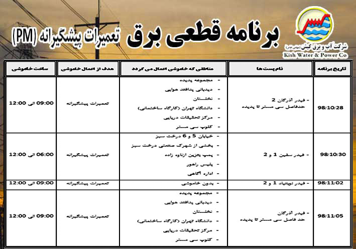 برنامه قطعی برق در کیش از ۲۸ دی تا ۵ بهمن