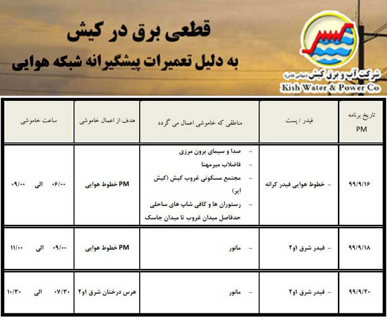 اطلاعیه قطعی برق در کیش از ۱۶ تا ۲۰ آذر ۱۳۹۹
