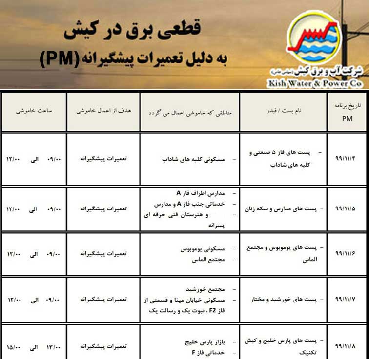 اطلاعیه قطعی برق در کیش از ۴ الی ۸ بهمن ۱۳۹۹