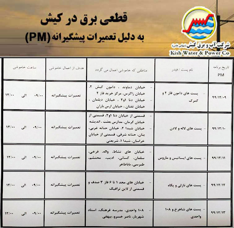 اطلاعیه قطعی برق در کیش از ۹ الی ۱۳ اسفند ۱۳۹۹