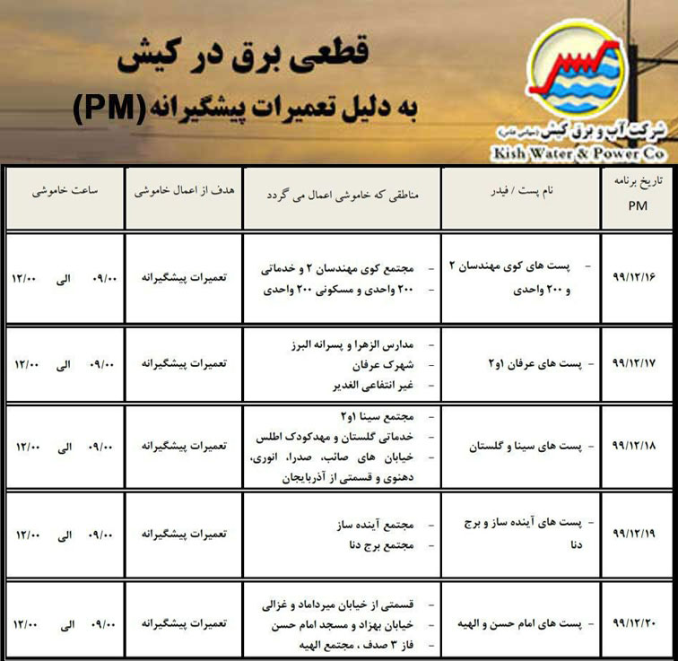 اطلاعیه قطعی برق در کیش از ۱۶ الی ۲۰ اسفند