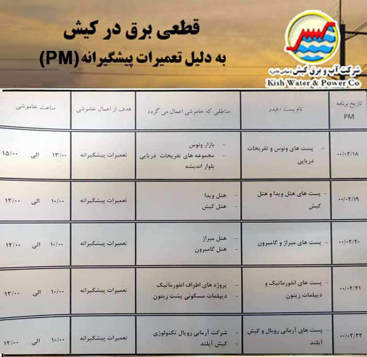 اطلاعیه قطعی برق در کیش از ۱۸ الی ۲۲ اردیبهشت ۱۴۰۰