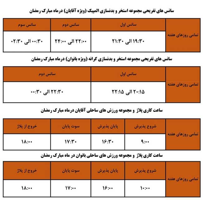 ساعات کاری اماکن آبی کیش در ماه رمضان 1402