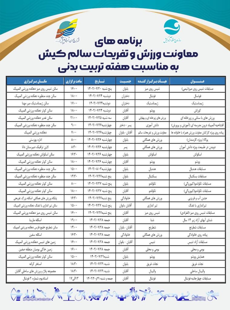 برنامه مسابقات ورزشی در کیش به مناسبت هفته تربیت بدنی