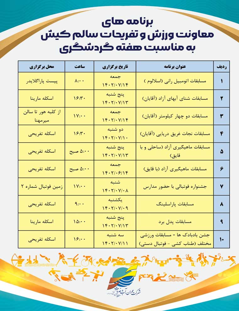برنامه مسابقات ورزشی در کیش به مناسبت هفته گردشگری